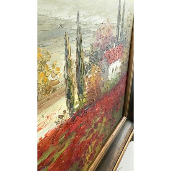 Framed Original Oil on Canvas Painting Tuscany Landscape with Red Poppies - Picture 4 of 7
